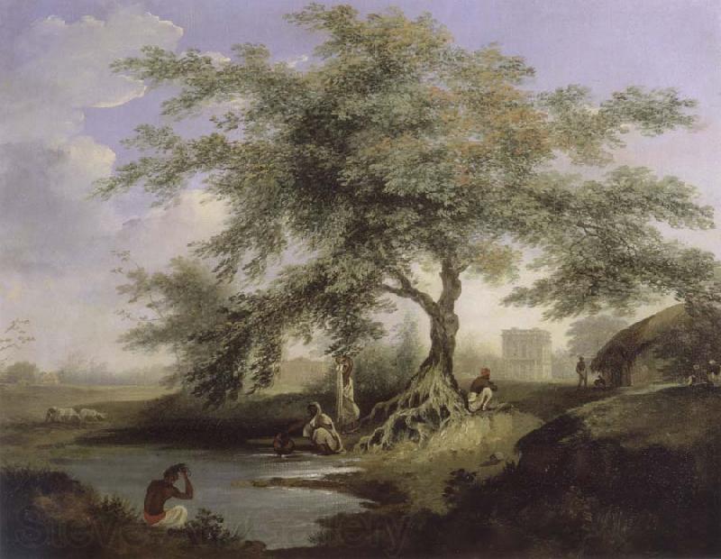 unknow artist Natives Drawing Water form a pond with Warren Hastings-House at Alipur in the Distance France oil painting art